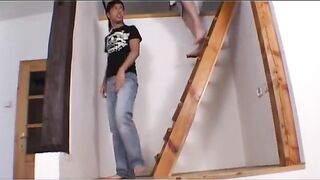 Two guys hot fuck on the stairs