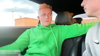 Young guy sucks and swallows in car