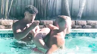 Gay studs fucking by the pool porn video